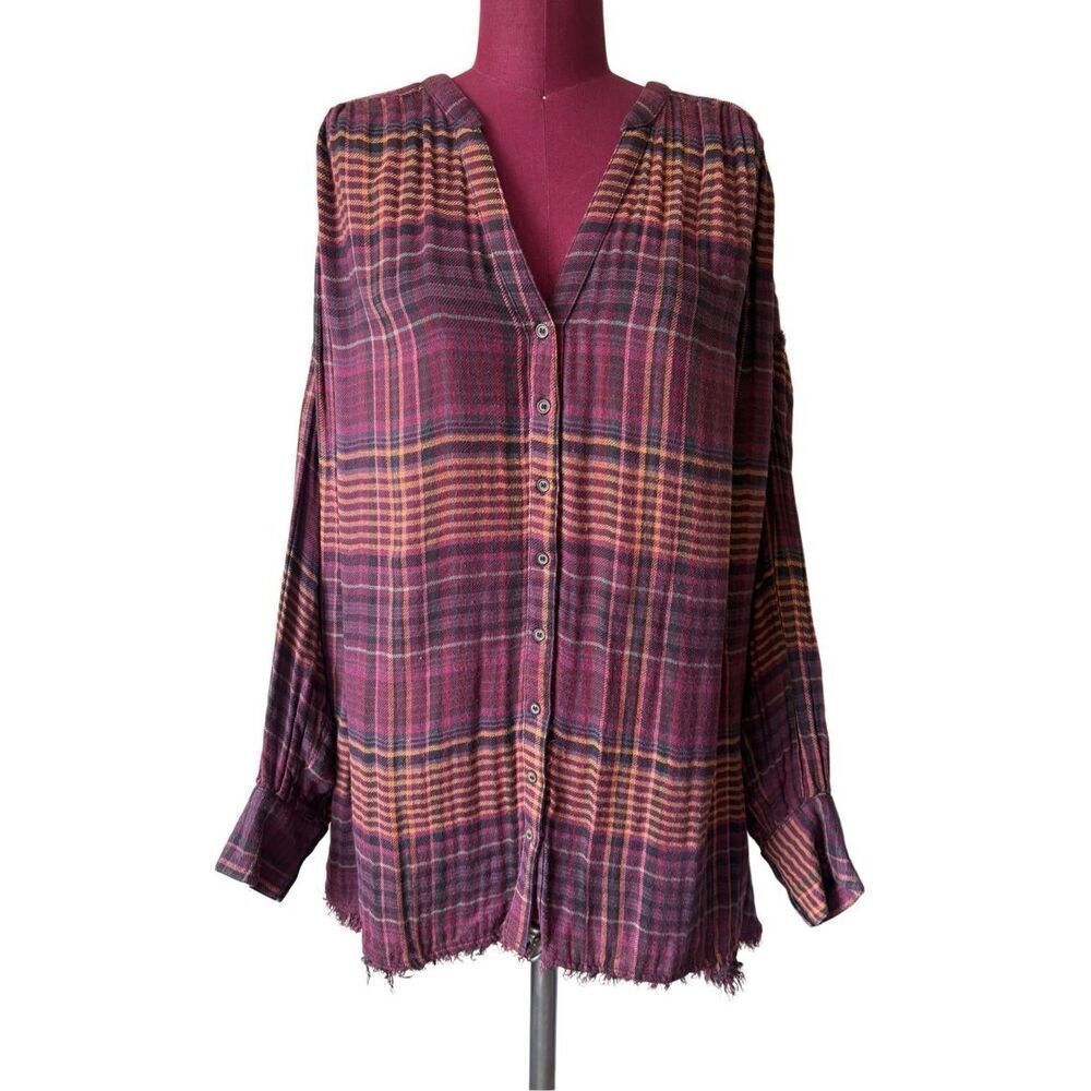 Free People Come On Over Button Down Plaid Top size L Lagenlook Boho Relaxed - Picture 2 of 12